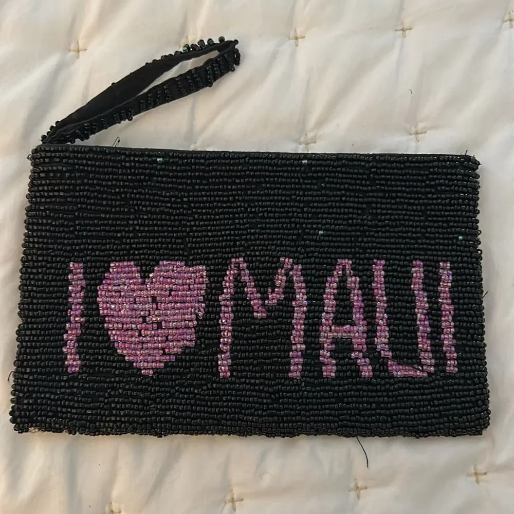 Beaded Black and Pink Clutch I love Maui on one side